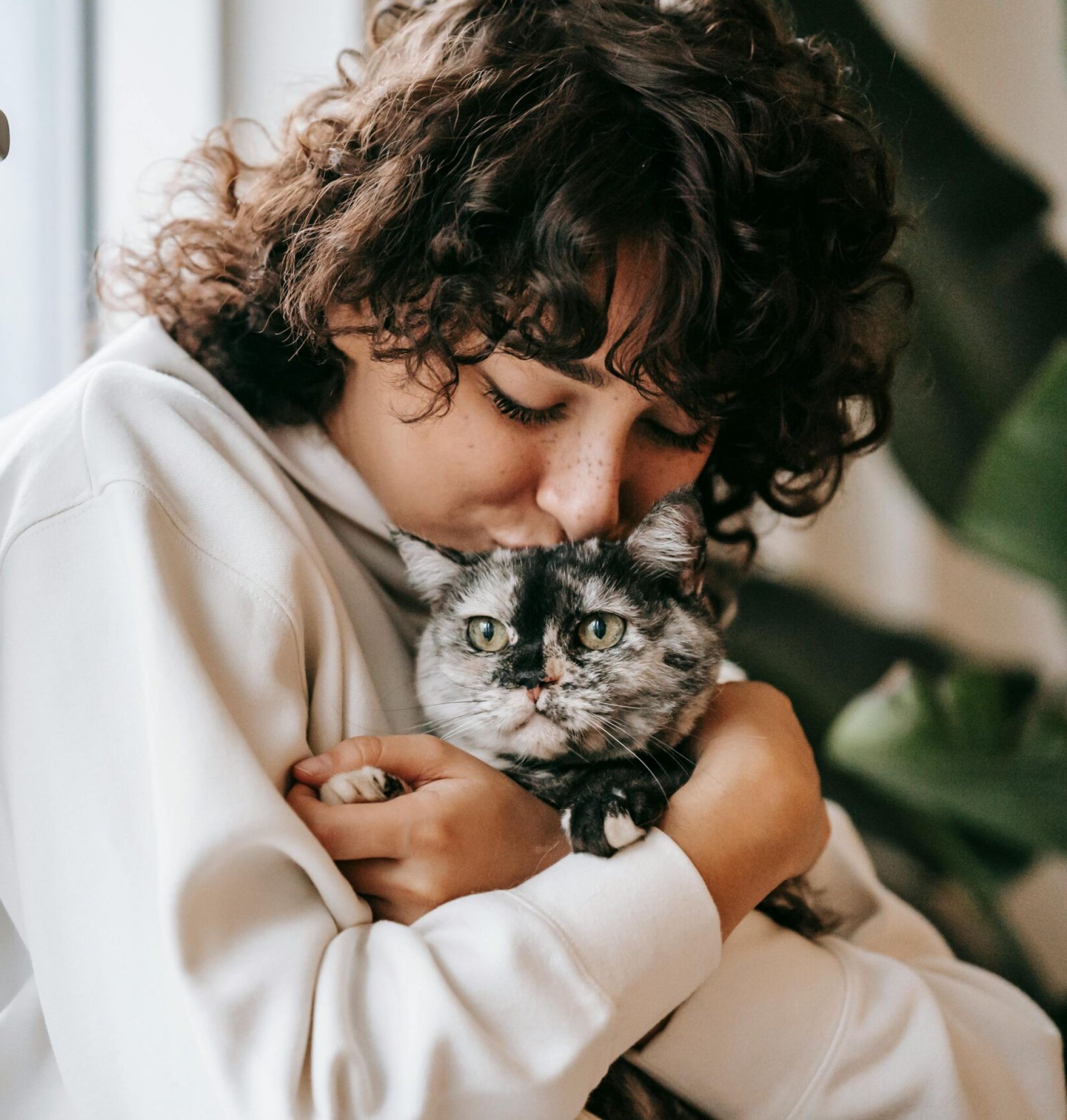 Woman cuddling a gray cat on a windowsill